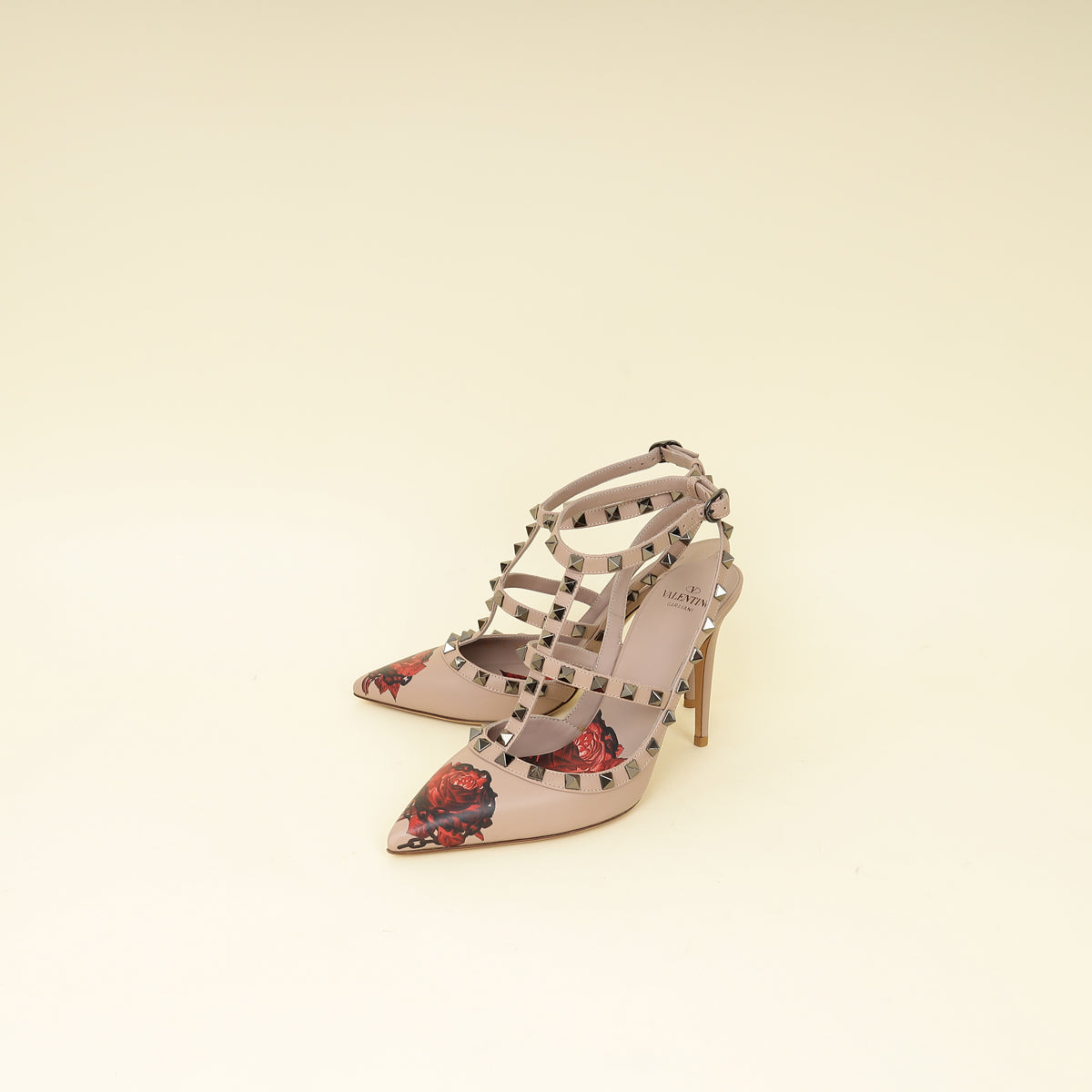 Valentino Rose Printed Rockstud Caged Pumps 38