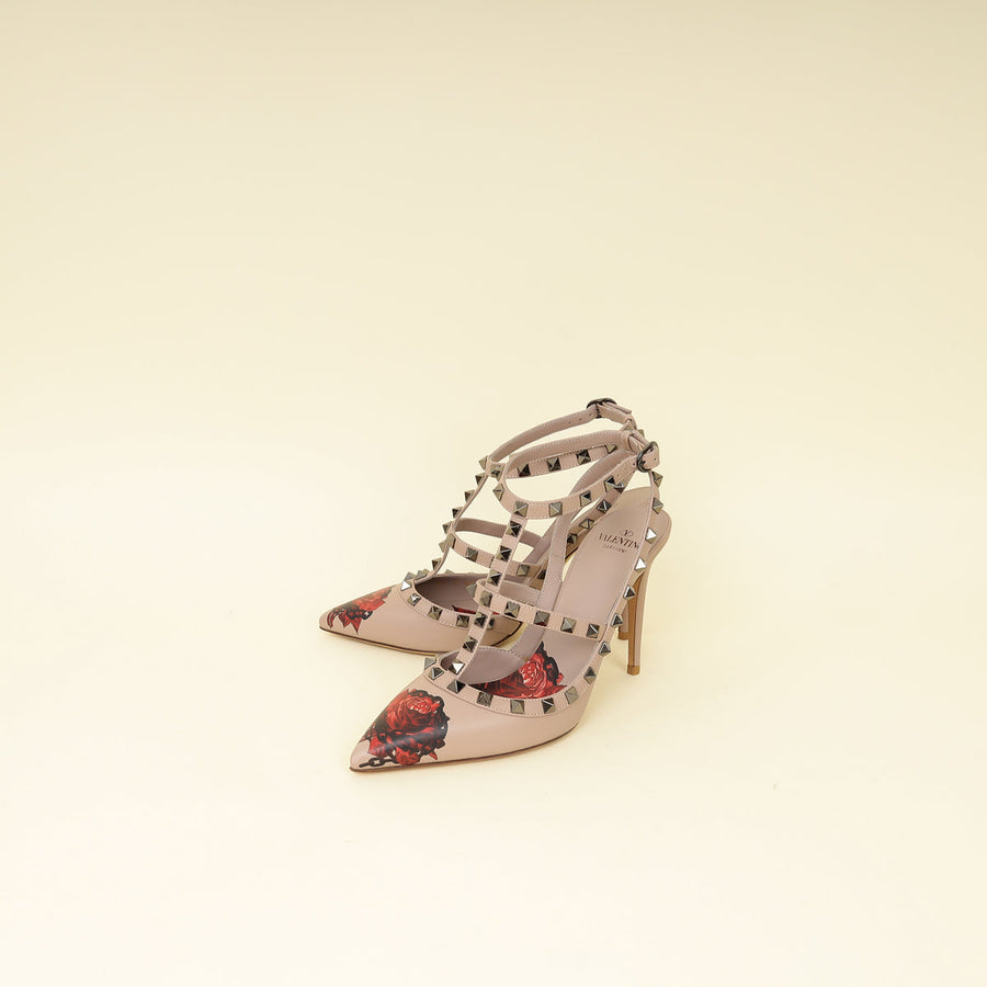 Valentino Rose Printed Rockstud Caged Pumps 38