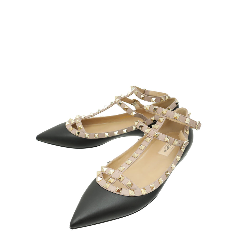 Valentino Black Rockstud Caged Ankle Strap Flat Ballerina 39.5
