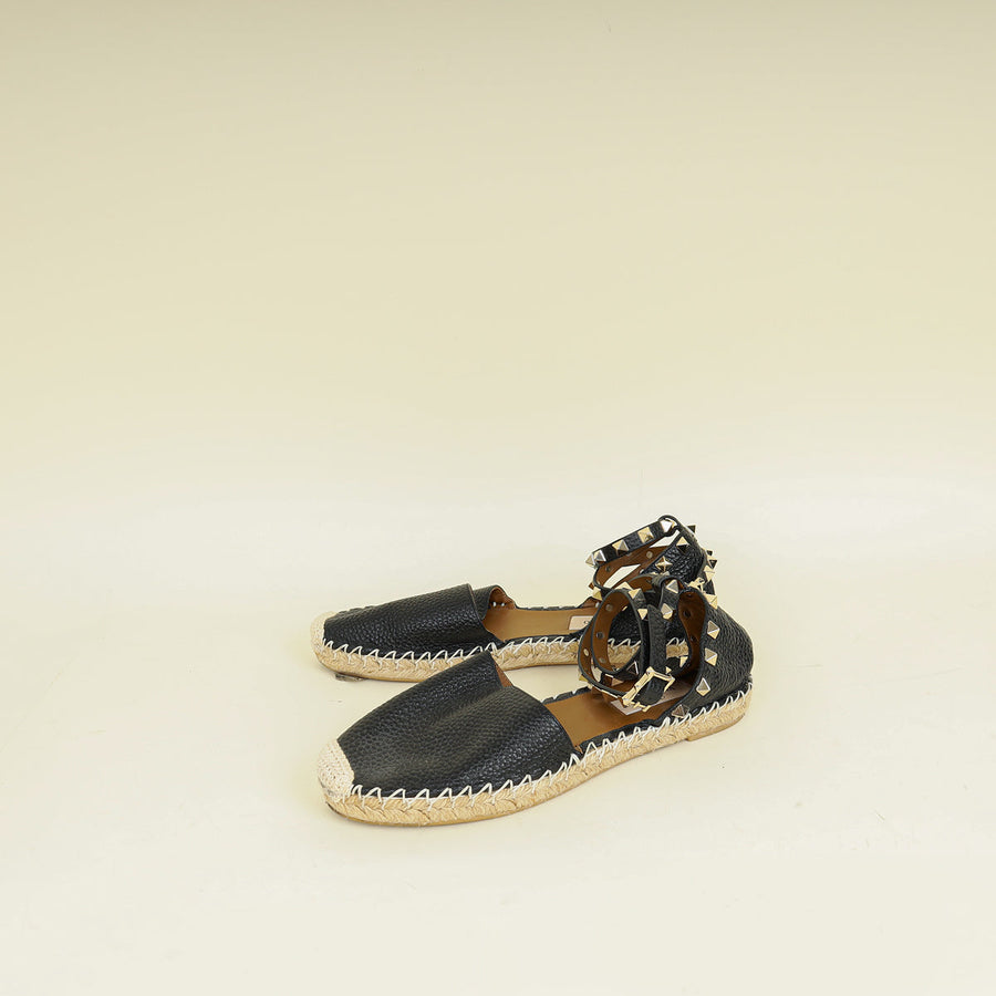 Valentino Black Rockstud Ankle Strap Flat Espadrille 35