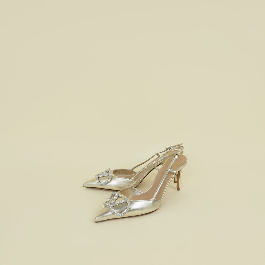 Valentino Metallic Gold Vlogo Crystal Slingback Pump 37.5