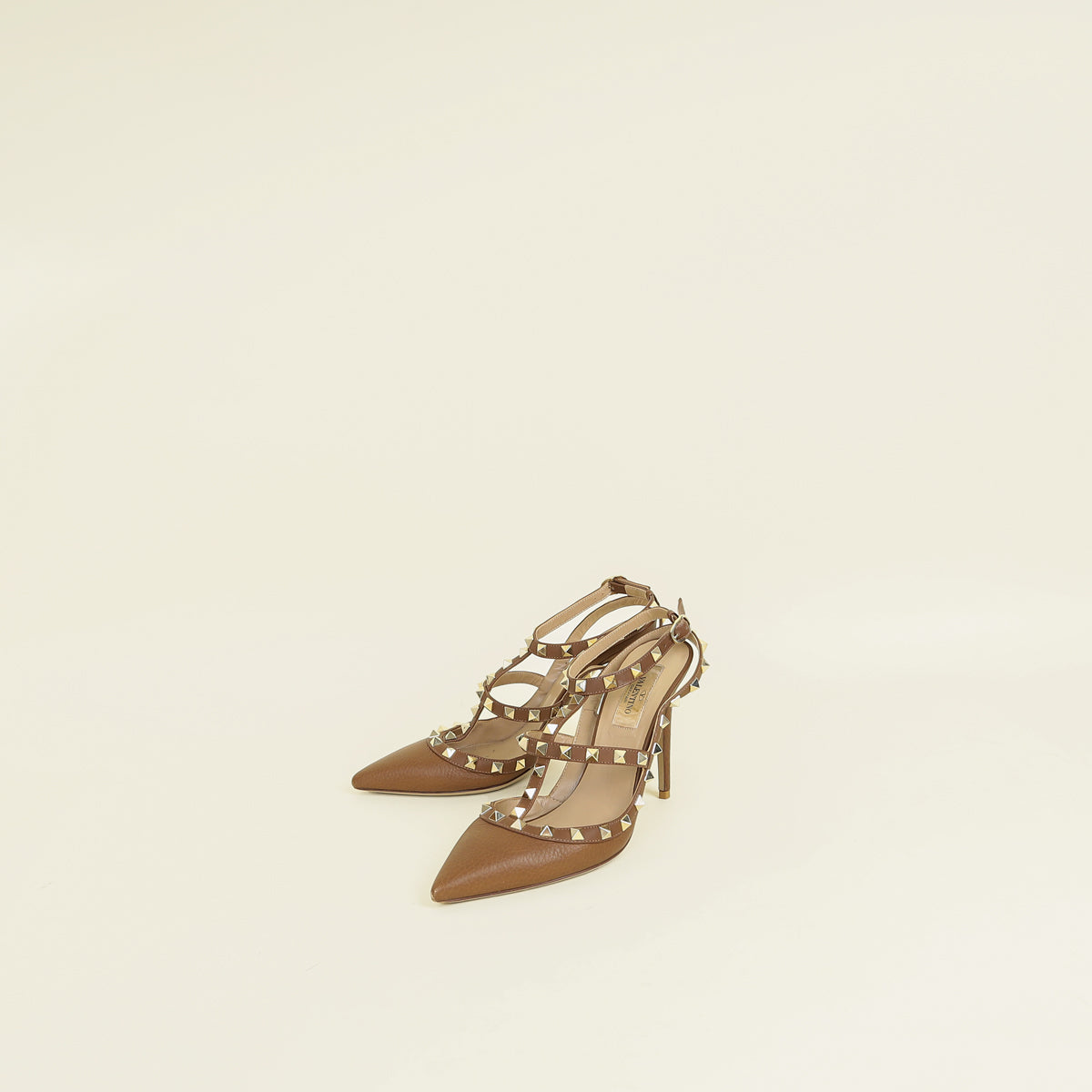 Valentino Brown Rockstud Caged Ankle Strap Pumps 37.5