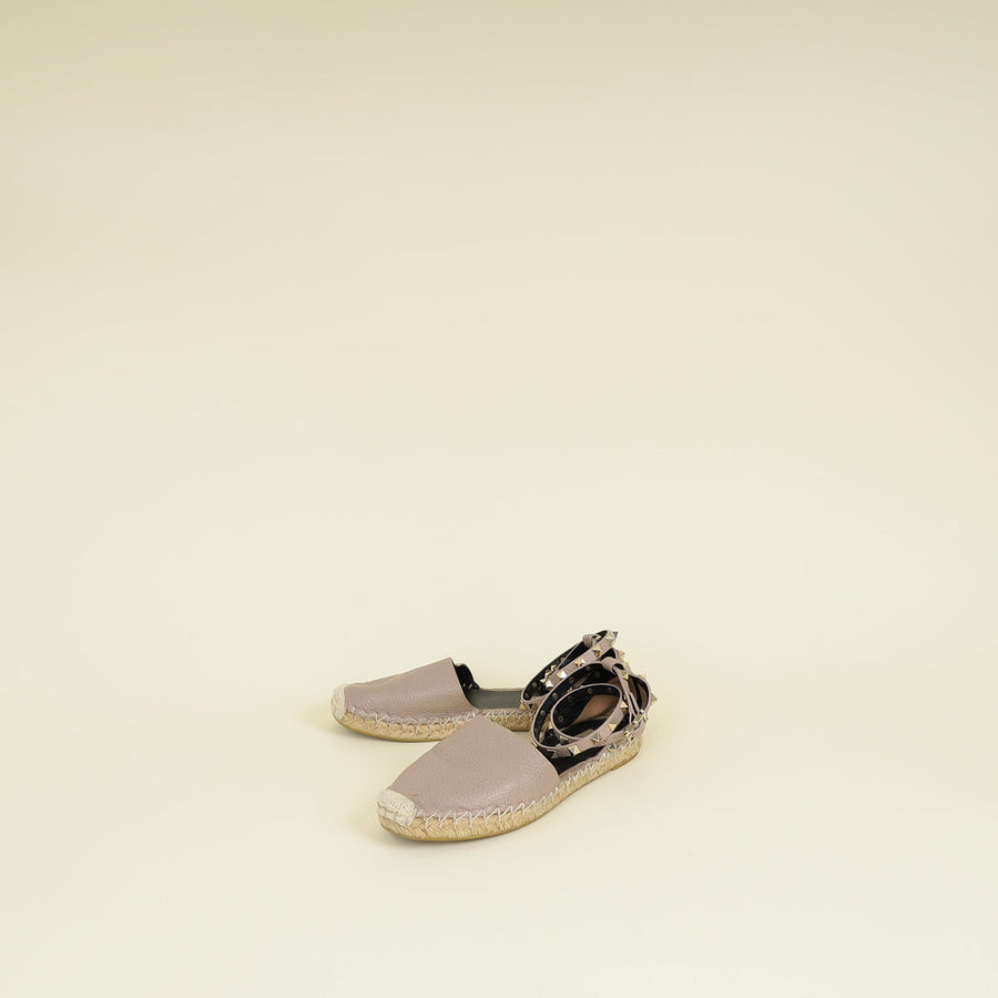 Valentino Pink Nude Rockstud Flat Espadrille Ankle Strap 37