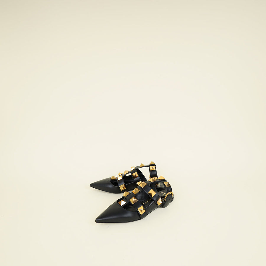 Valentino Black Roman Studs Ankle Strap Flat Sandals 38.5