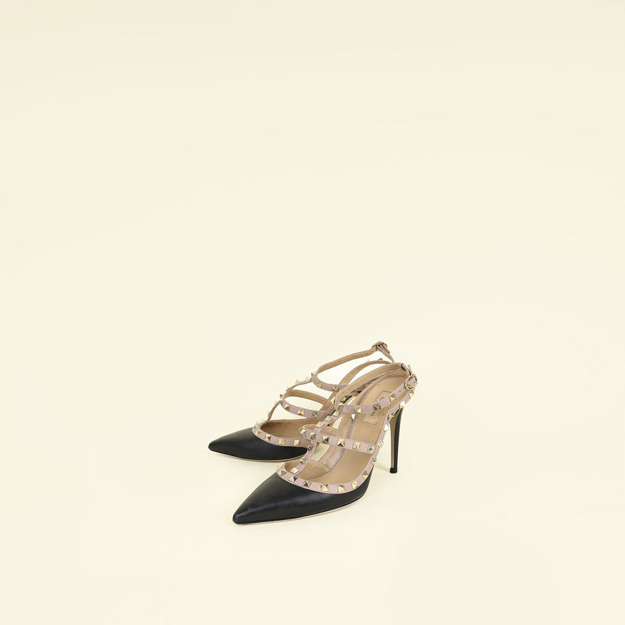 Valentino Black Rockstud Caged Ankle Strap Slingback Pump 41.5