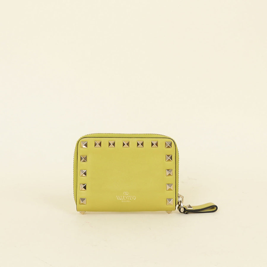 Valentino Yellow Green Rockstud Compact Zippy Wallet