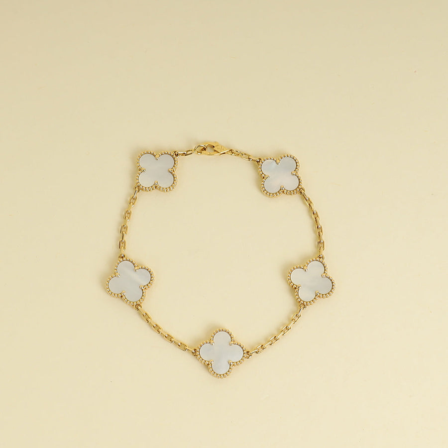 Van Cleef & Arpels 18K Yellow Gold Vintage Alhambra 5 MOP Motifs Bracelet