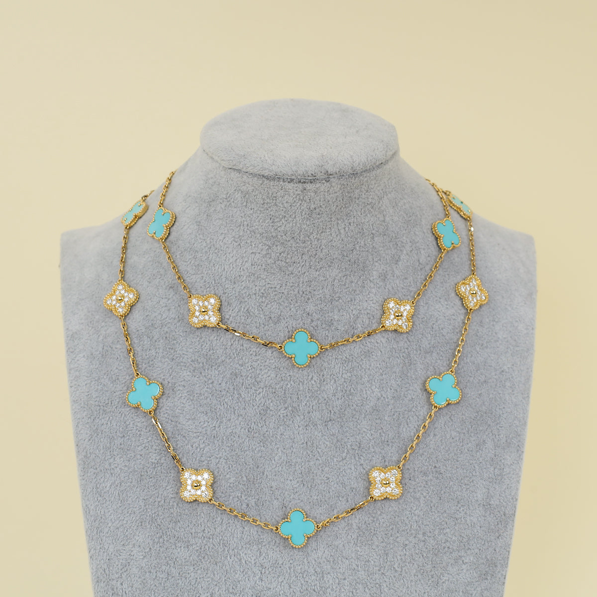 Van Cleef & Arpels 18K Yellow Gold Vintage Alhambra 20 Motifs Turquoise Diamond Necklace