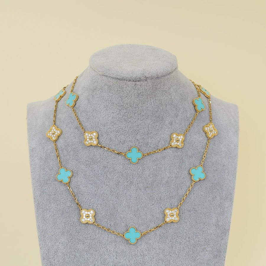 Van Cleef & Arpels 18K Yellow Gold Vintage Alhambra 20 Motifs Turquoise Diamond Necklace