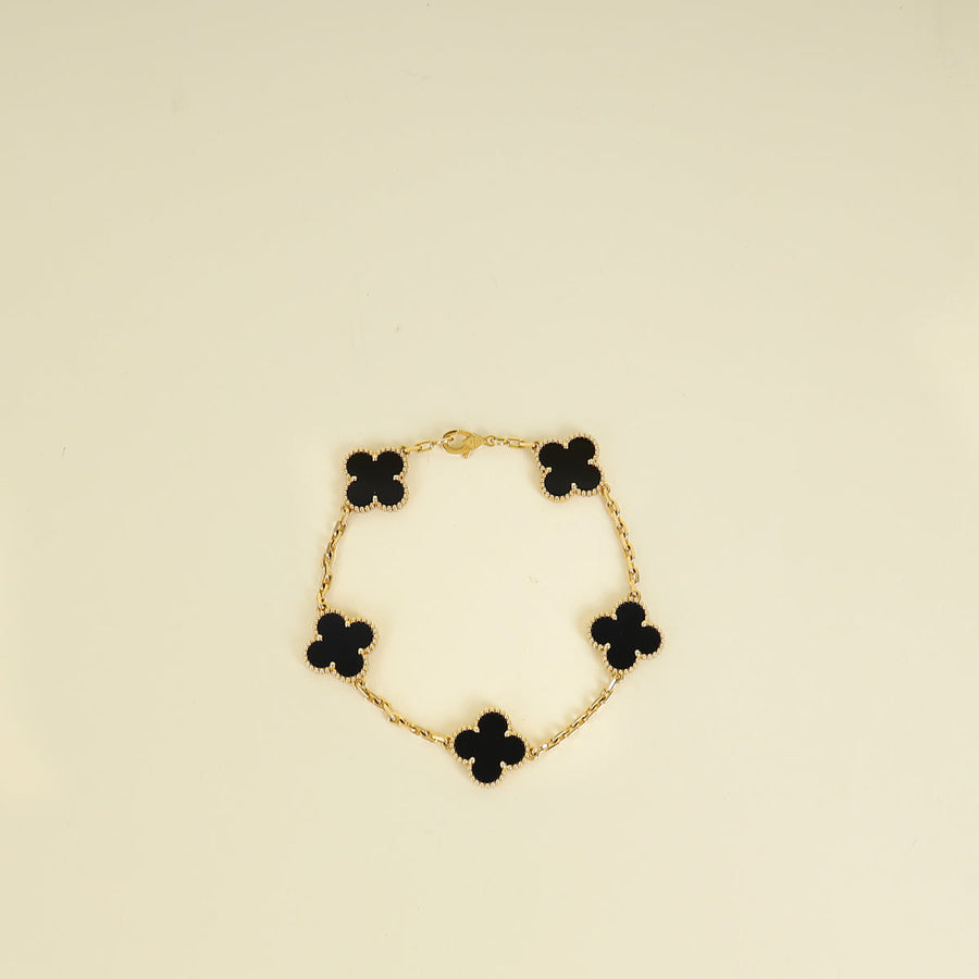 Van Cleef & Arpels 18K Yellow Gold Vintage Alhambra 5 Motifs Onyx Bracelet