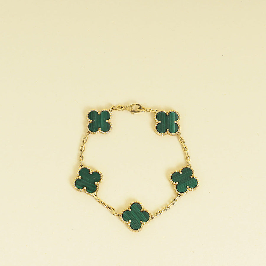 Van Cleef & Arpels 18K Yellow Gold Vintage Alhambra Malachite 5 Motifs Bracelet
