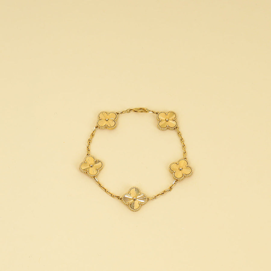 Van Cleef & Arpels 18K Yellow Gold Vintage Alhambra Guilloché 5 Motifs Bracelet