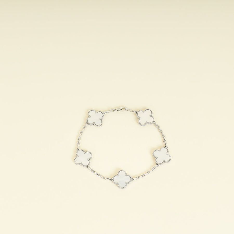 Van Cleef & Arpels 18K White Gold Vintage Alhambra MOP 5 Motifs Bracelet