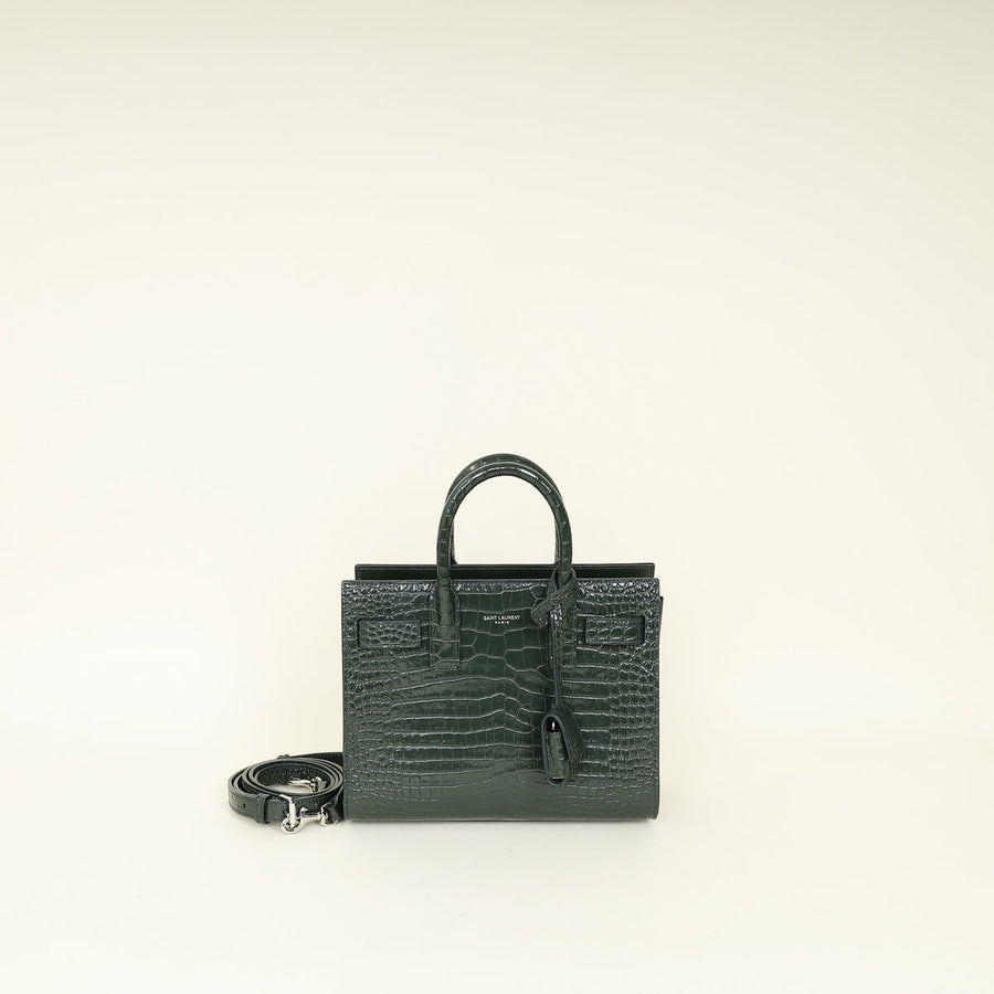 YSL Green Croco Embossed Nano Sac De Jour Bag