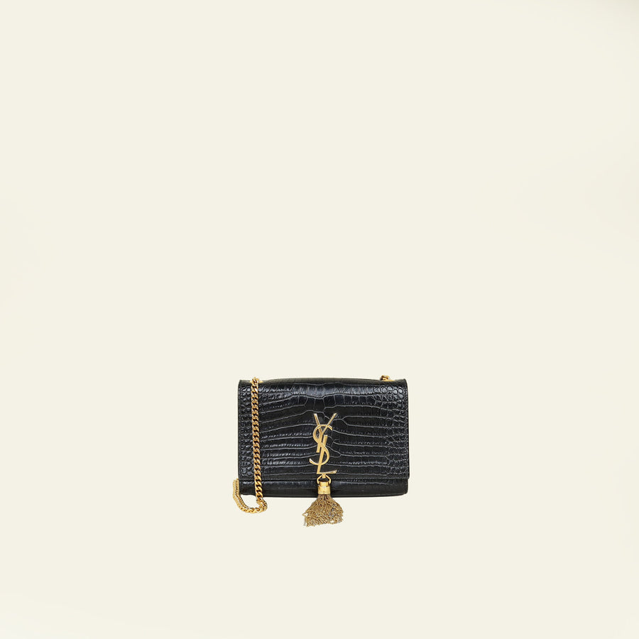 YSL Black Kate Tassel Croco Embossed Small Bag
