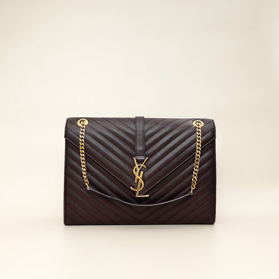YSL Burgundy Monogram Envelope Large Satchel Bag