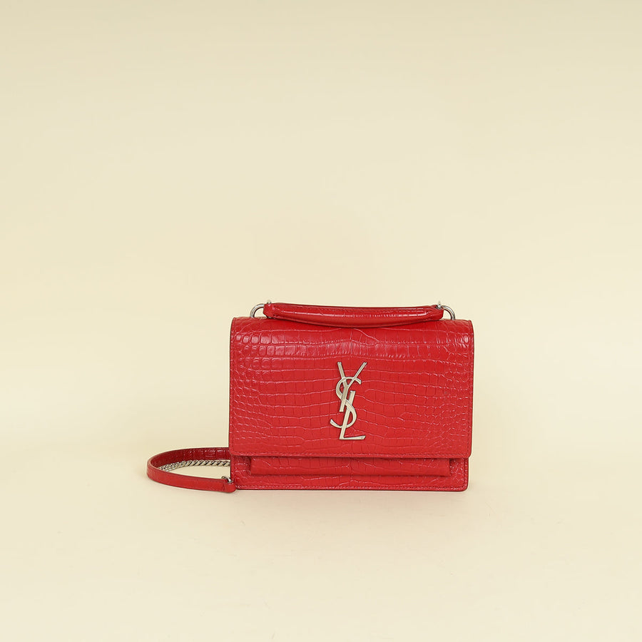 YSL Red Sunset Croco Embossed Wallet On Chain
