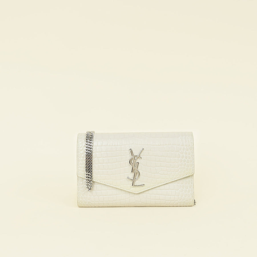 YSL Vintage Blanc Croco Embossed Uptown Wallet on Chain