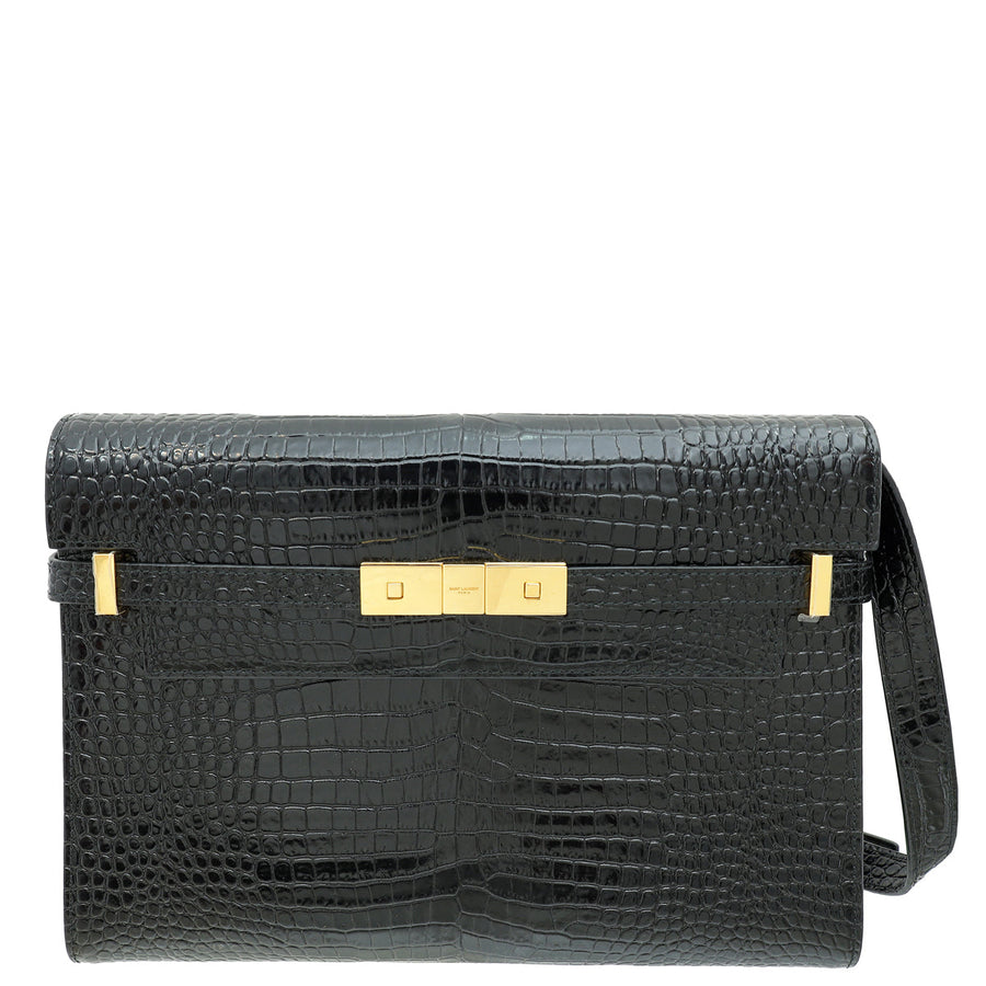YSL Black Croco Embossed Manhattan Medium Shoulder Bag