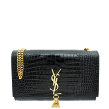 YSL Black Kate Tassel Croco Embossed Medium Bag