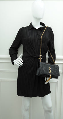 YSL Black Kate Tassel Croco Embossed Medium Bag