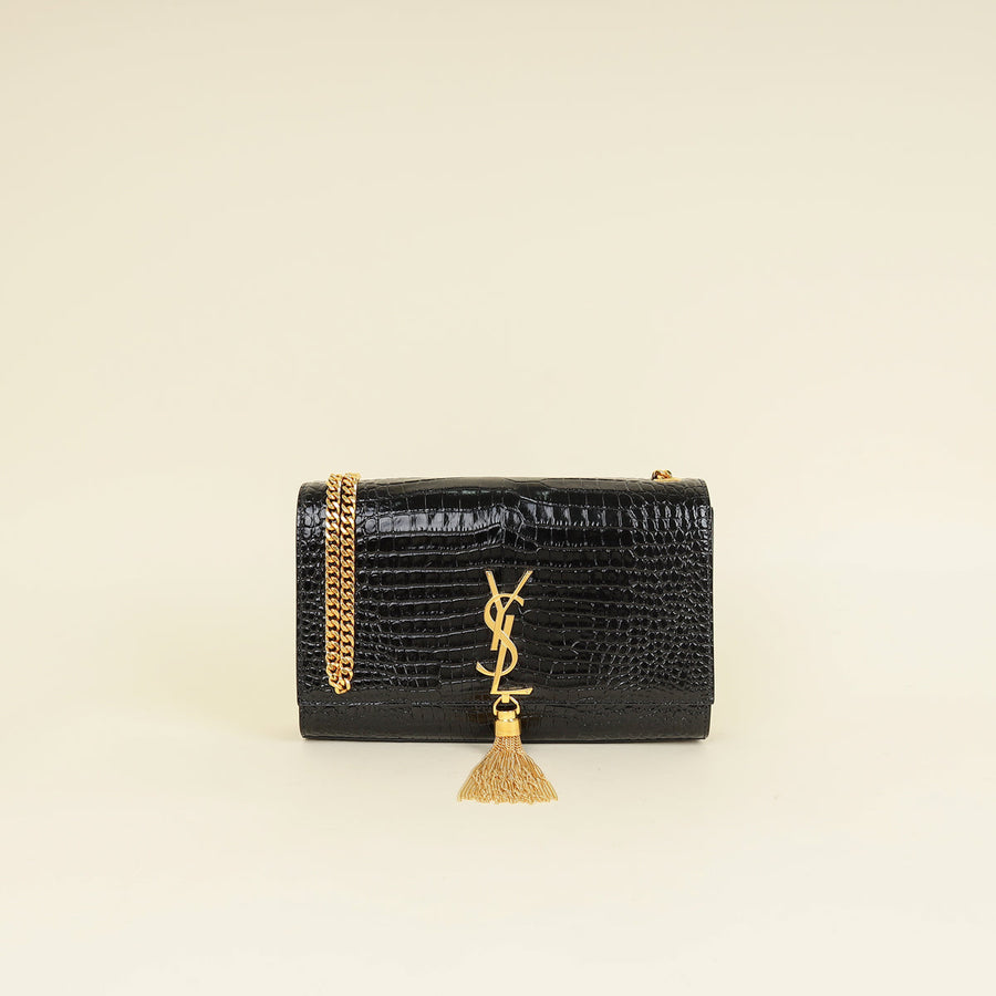 YSL Black Coco Embossed Kate Tassel Medium Shoulder Bag