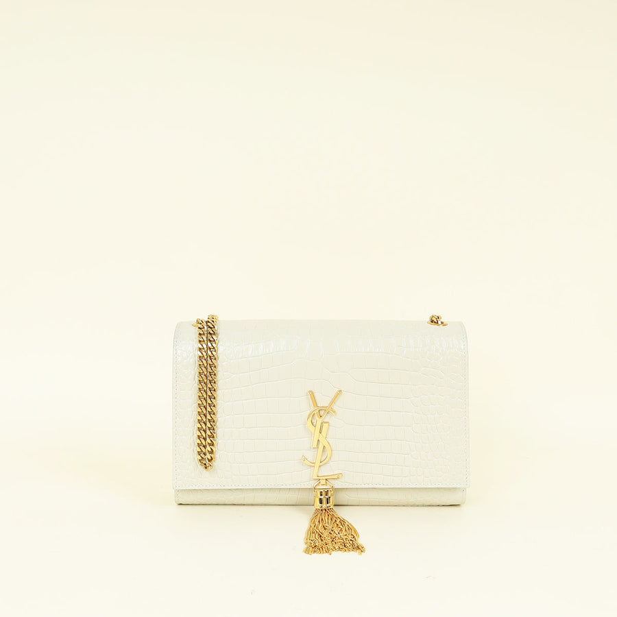 YSL Blanc Vintage Kate Tassel Croc Embossed Medium Shoulder Bag