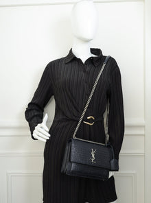 YSL Indigo Blue Croco Embossed Sunset Chain Medium Shoulder Bag
