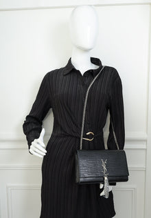 YSL Black Monogram Kate Tassel Lizard Embossed Medium Bag