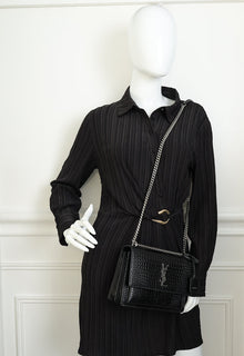 YSL Black Croco Embossed Sunset Medium Shoulder Bag