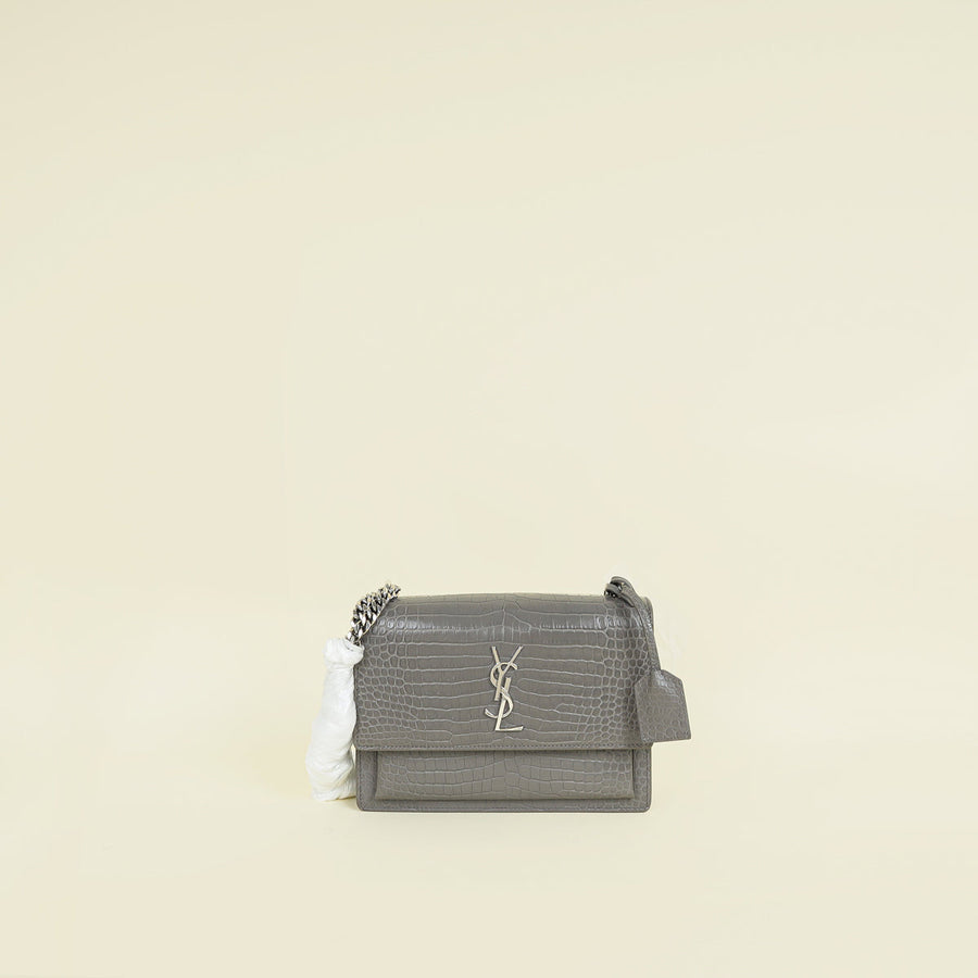 YSL Gray Croco Embossed Sunset Medium Shoulder Bag
