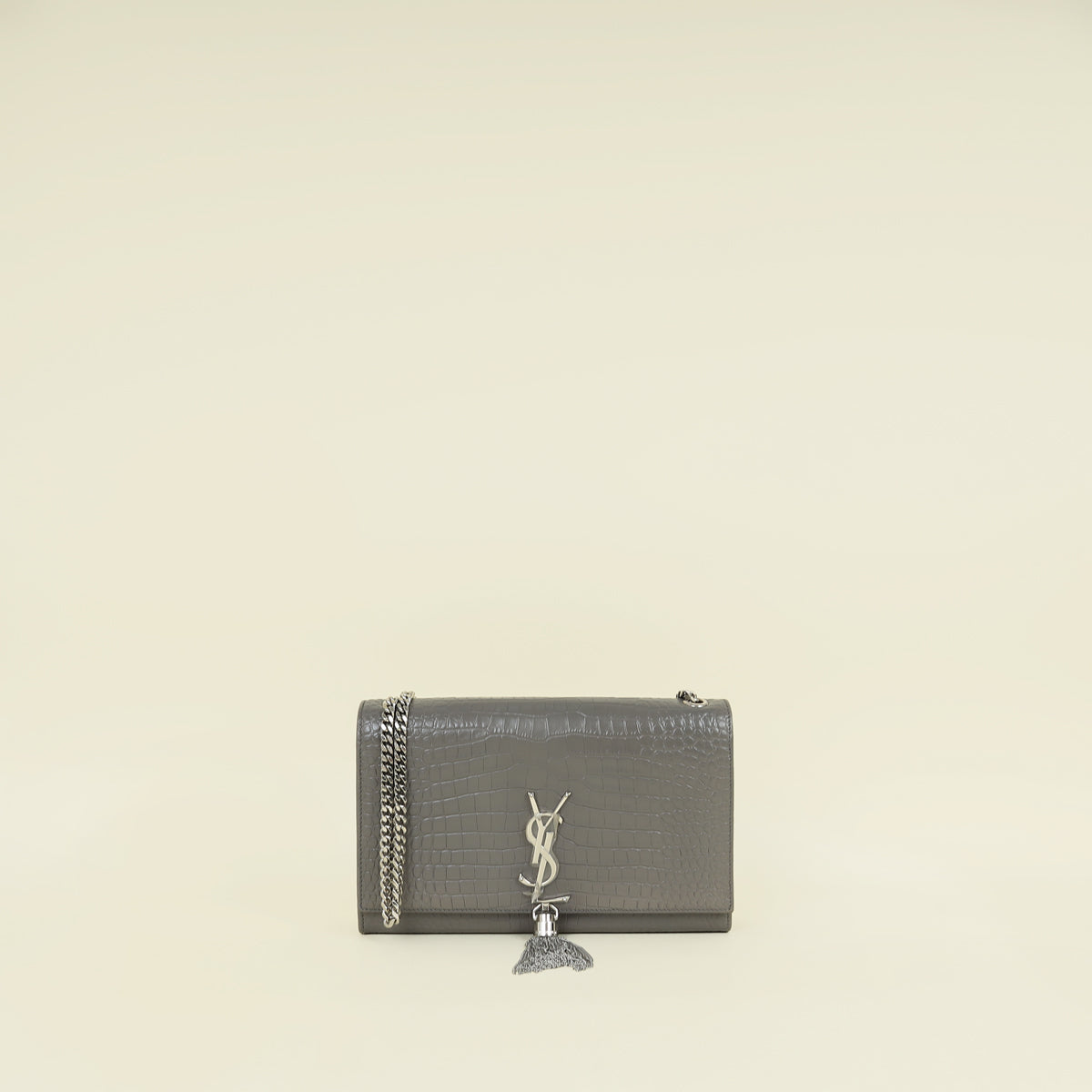 YSL Gray Croco Embossed Kate Chain Medium Shoulder Bag