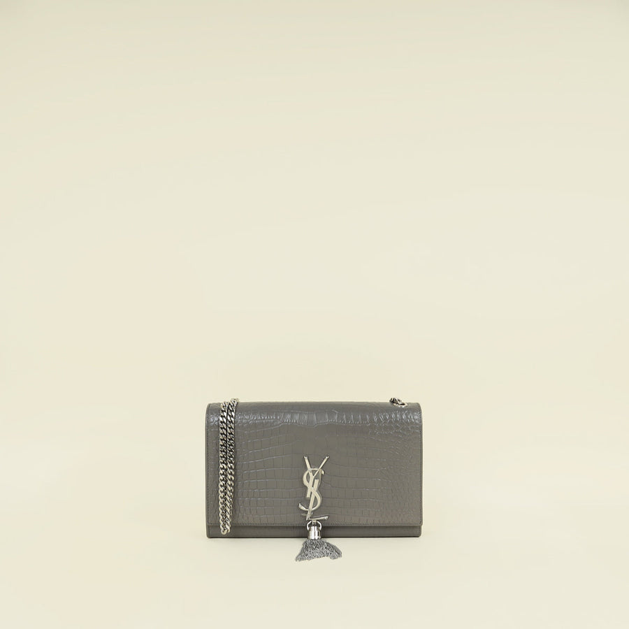 YSL Gray Croco Embossed Kate Chain Medium Shoulder Bag