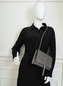 YSL Gray Croco Embossed Kate Chain Medium Shoulder Bag