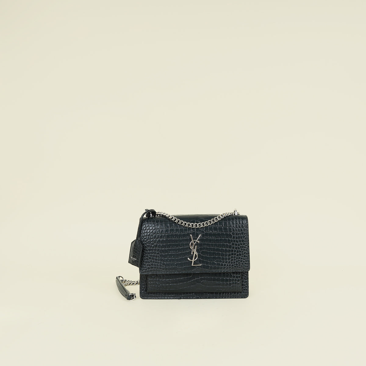 YSL Green Croco Embossed Sunset Medium Shoulder Bag