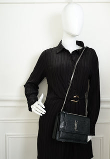 YSL Green Croco Embossed Sunset Medium Shoulder Bag