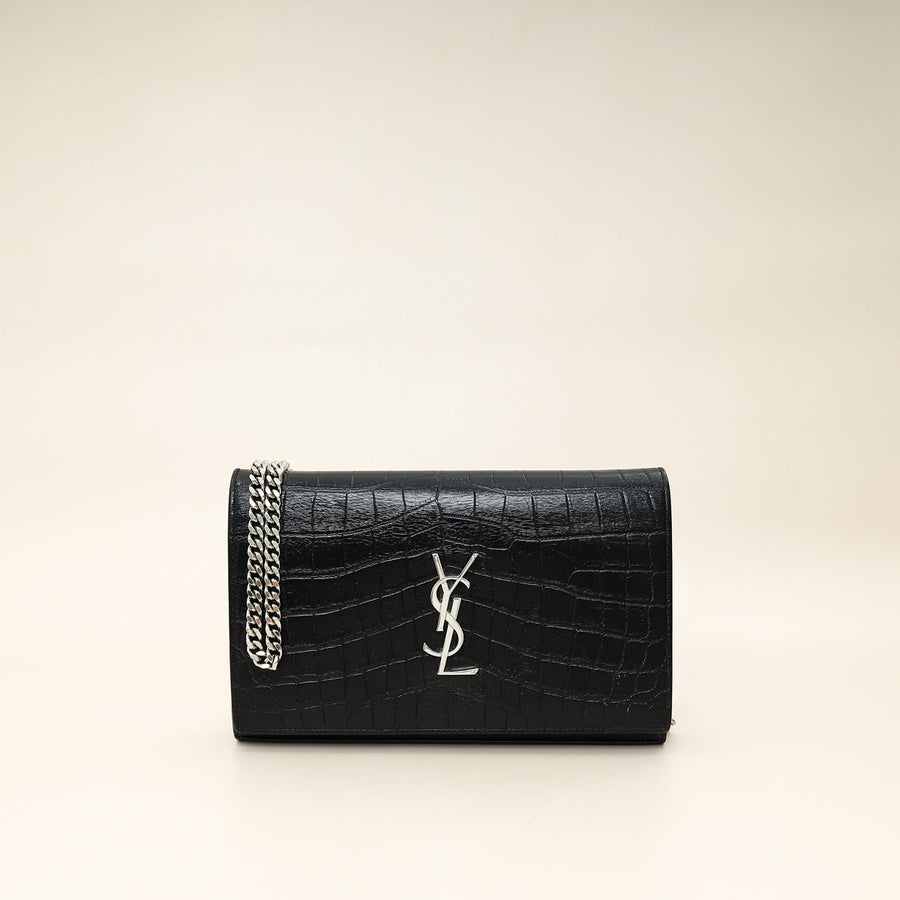 YSL Black Croco Embossed Monogram Kate Wallet On Chain