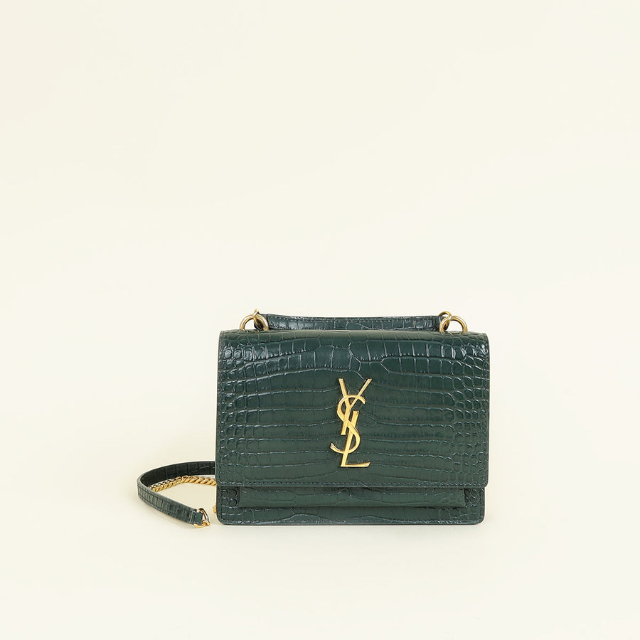 YSL Green Croco Embossed Sunset Wallet on Chain