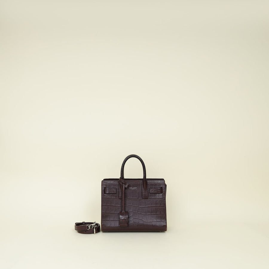 YSL Burgundy Croco Embossed Nano Sac De Jour Bag