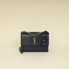 YSL Dark Blue Croco Embossed Sunset Chain Shoulder Bag