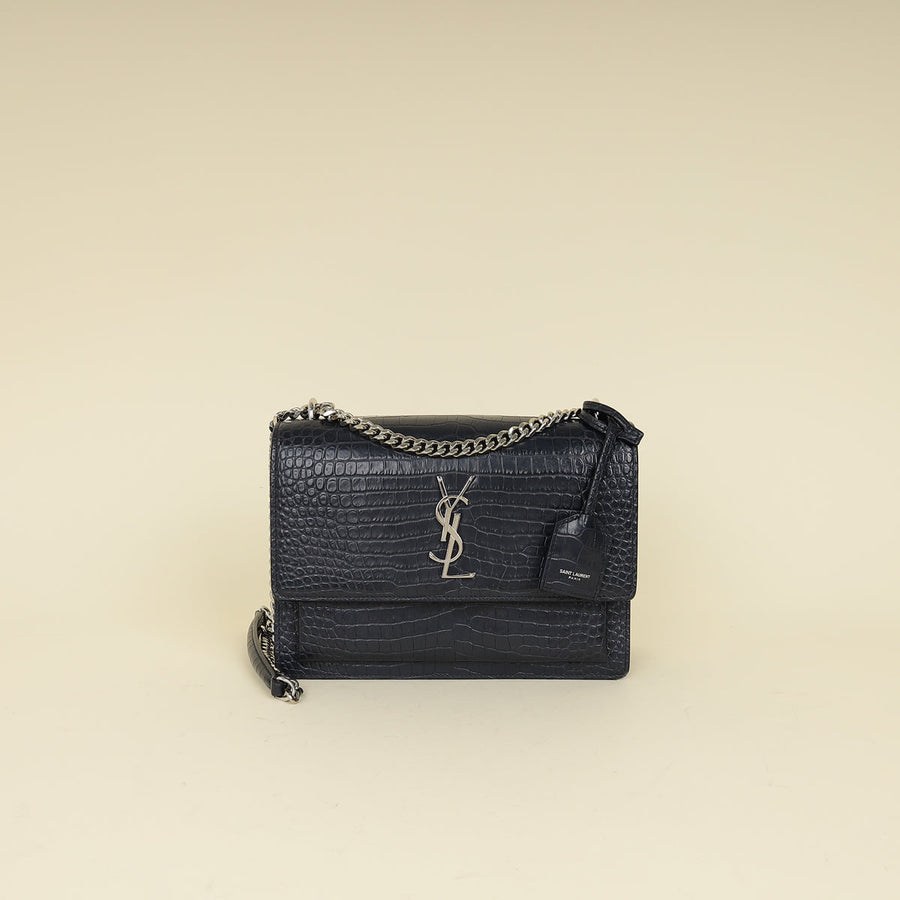 YSL Dark Blue Croco Embossed Sunset Chain Shoulder Bag