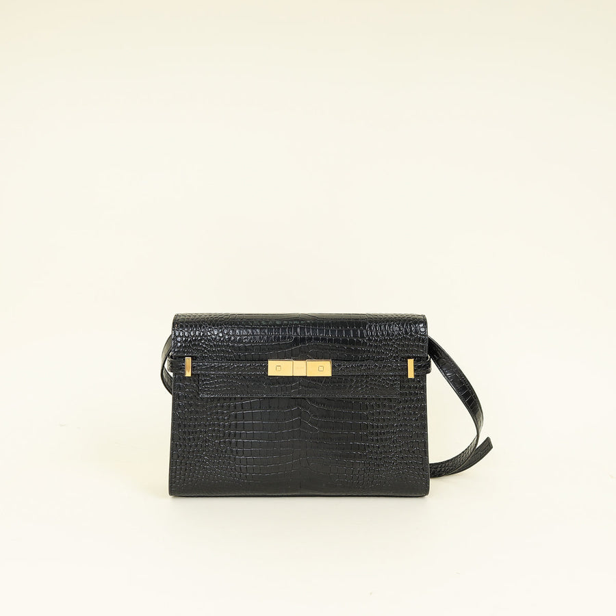 YSL Black Croco Embossed Manhattan Medium Shoulder Bag