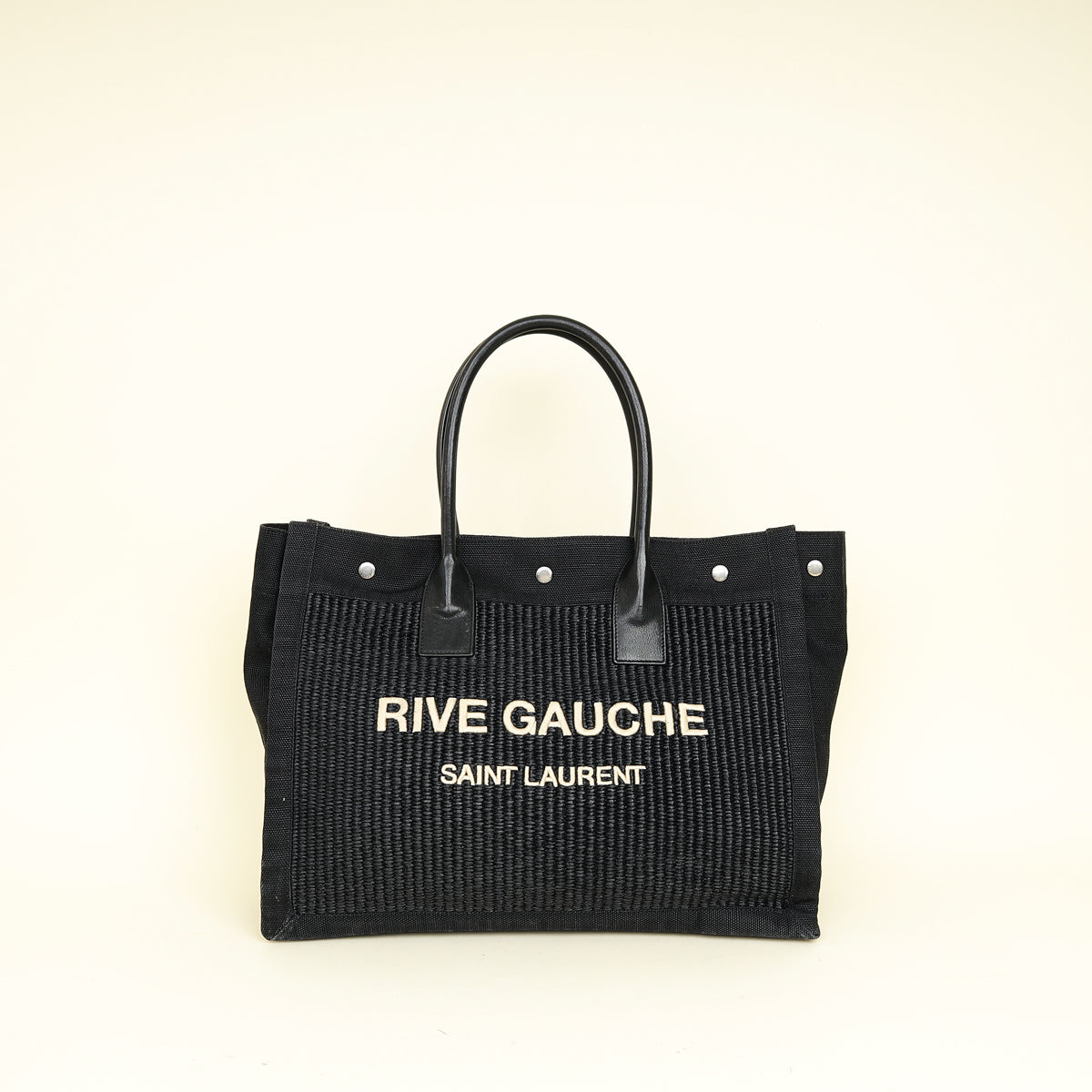 YSL Black Rive Gauche Raffia Small Tote Bag