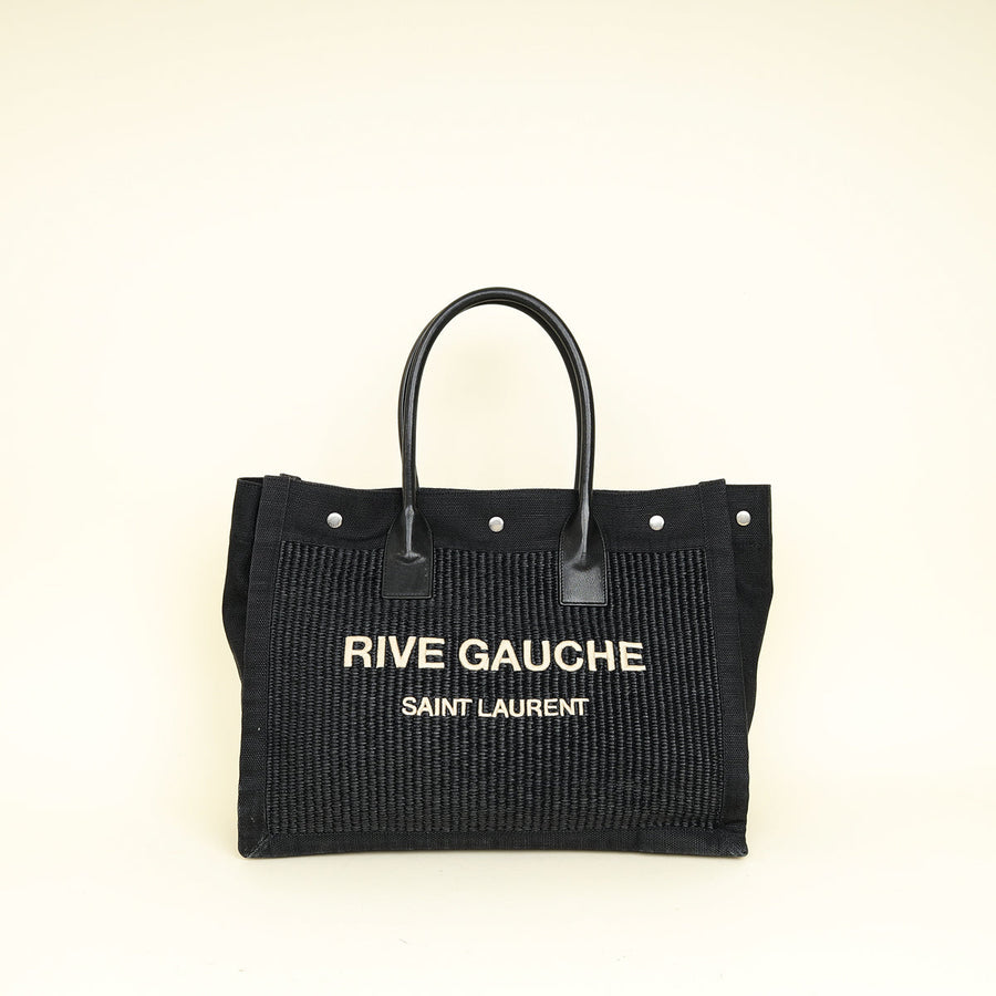 YSL Black Rive Gauche Raffia Small Tote Bag