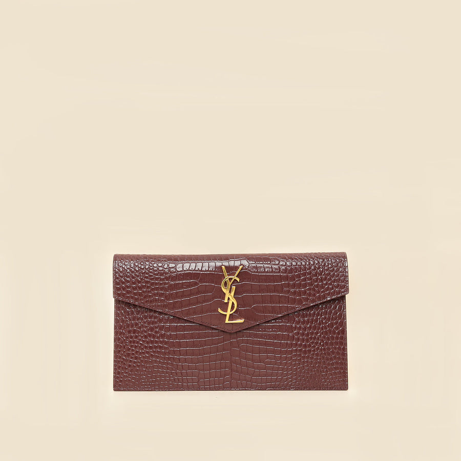 YSL Burgundy Crocodile Embossed Uptown Pouch