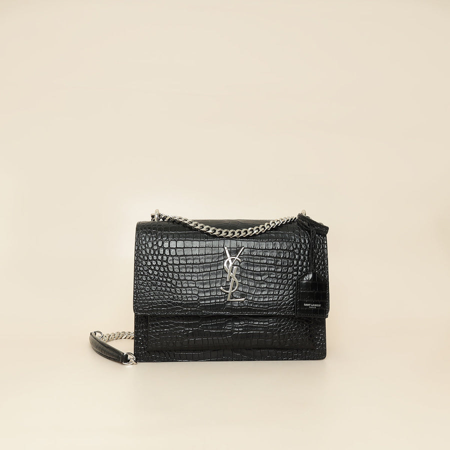 YSL Black Croco Embossed Sunset Medium Bag