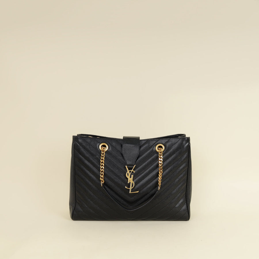 YSL Black Monogram Chevron Large Shopper Bag