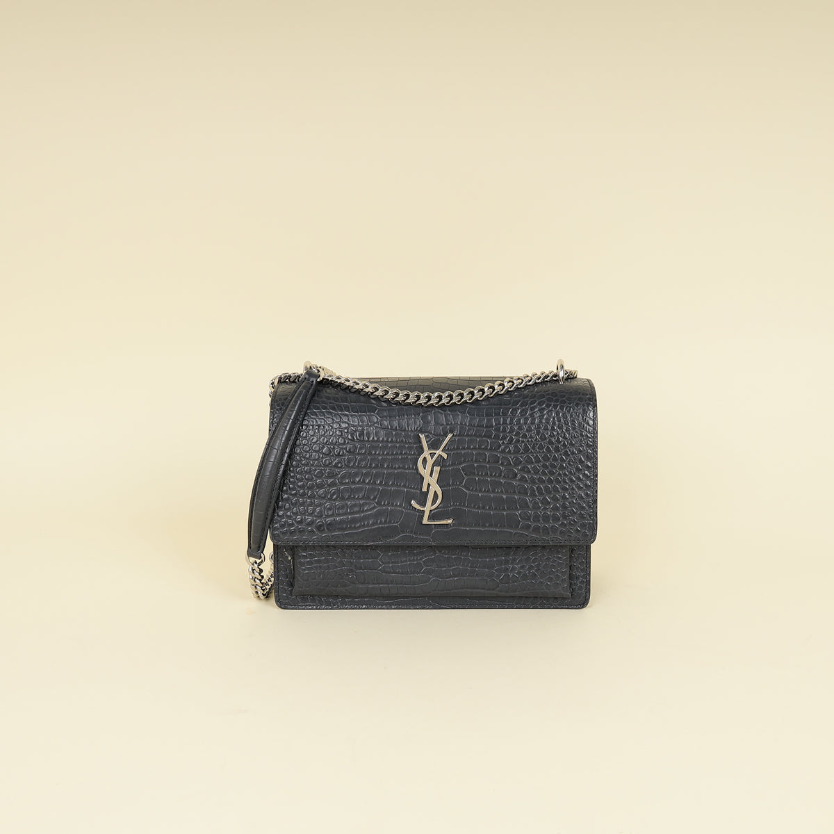 YSL Dark Grey Sunset Croc Embossed Medium Shoulder Bag