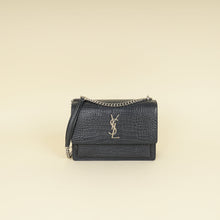 YSL Dark Grey Sunset Croc Embossed Medium Shoulder Bag