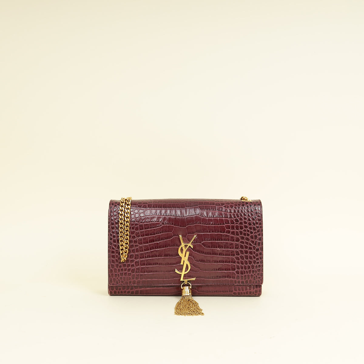 YSL Burgundy Croco Embossed Kate Tassel Medium Chain Bag